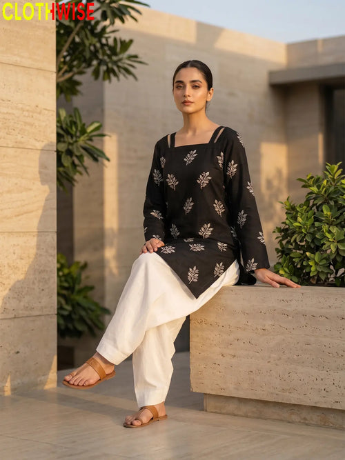 Hoor Black embroidered cotton suit sitting view - CLOTHWISE