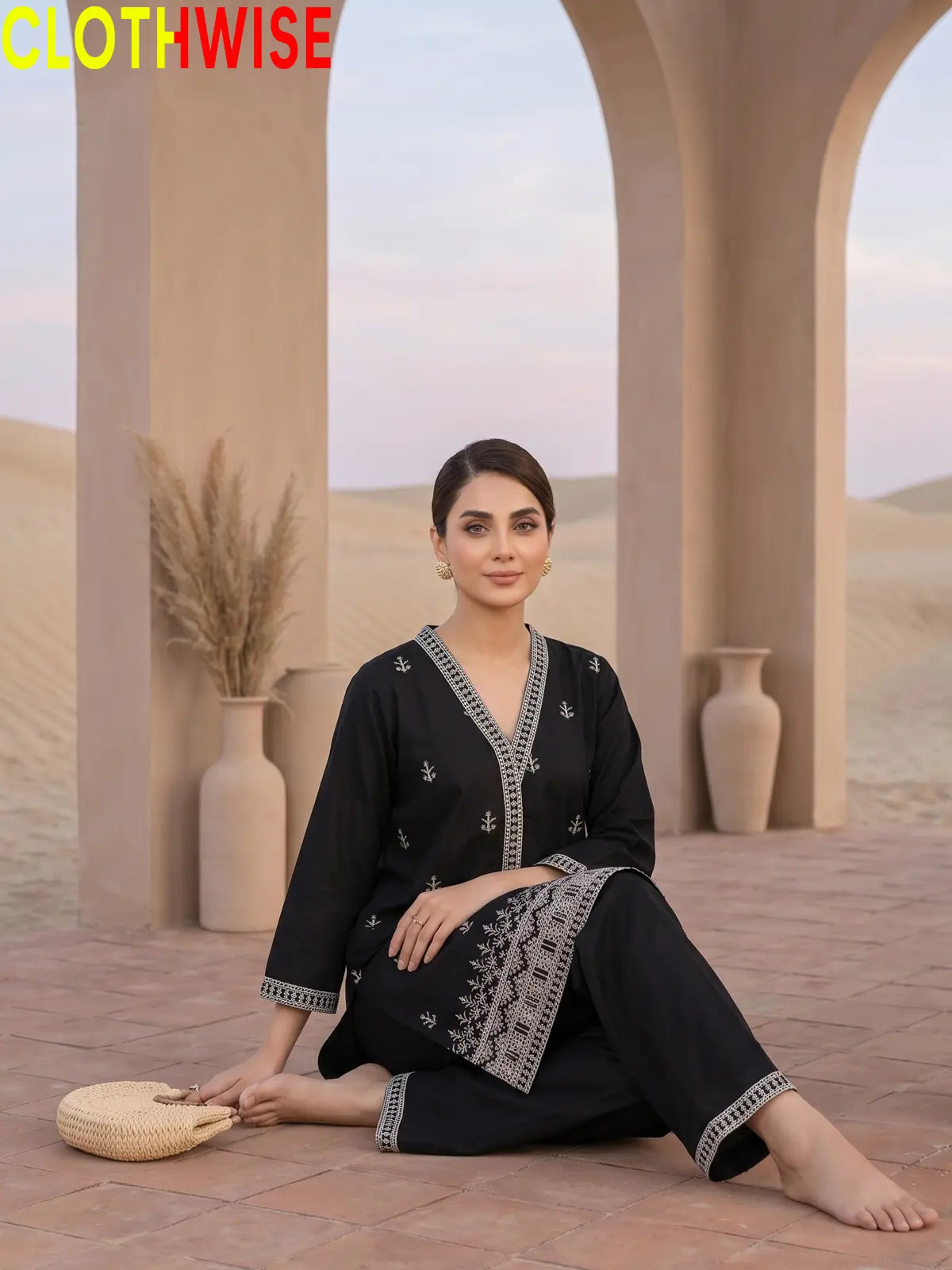 Black Cross Stitch embroidered cotton suit sitting view – CLOTHWISE