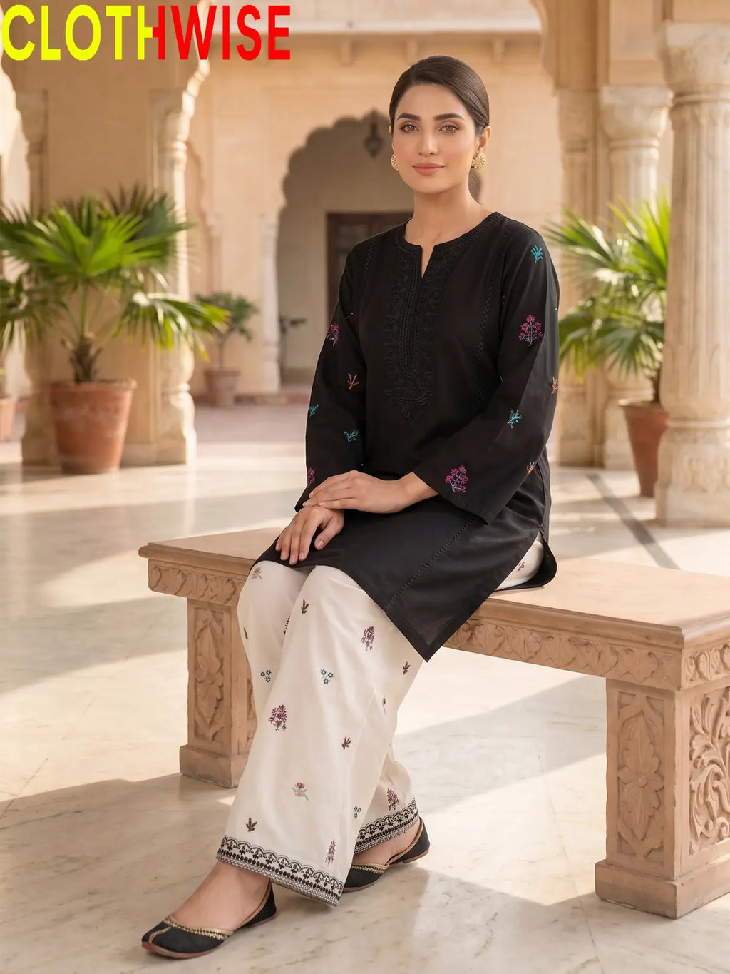 Anaya Black 2-piece embroidered cotton suit - sitting view