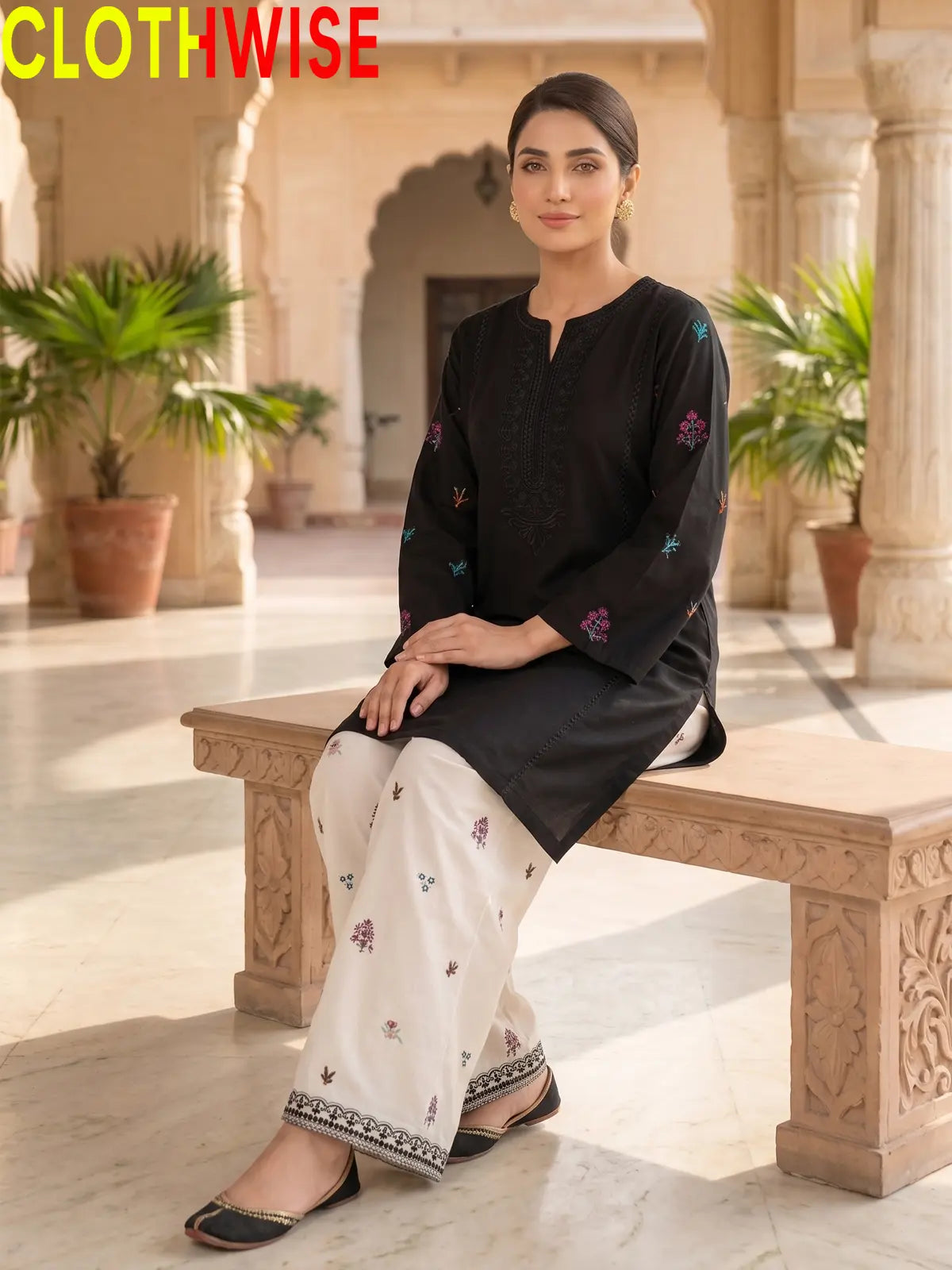 Anaya Black 2-piece embroidered cotton suit - sitting view
