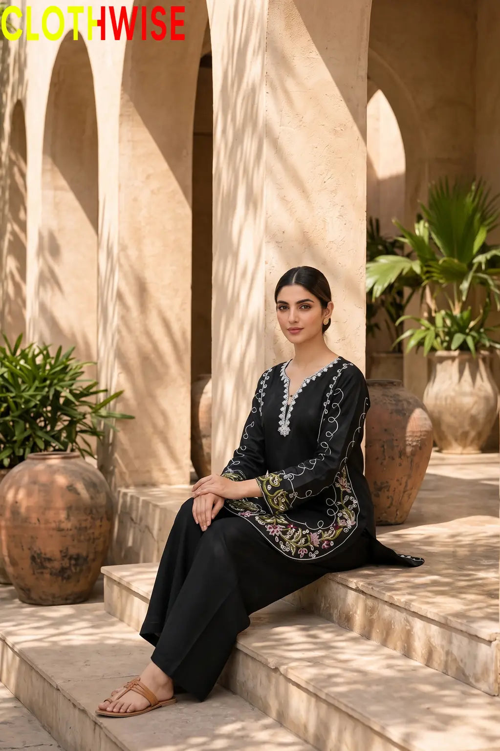 Zarnish Black 2-piece embroidered suit - sitting view