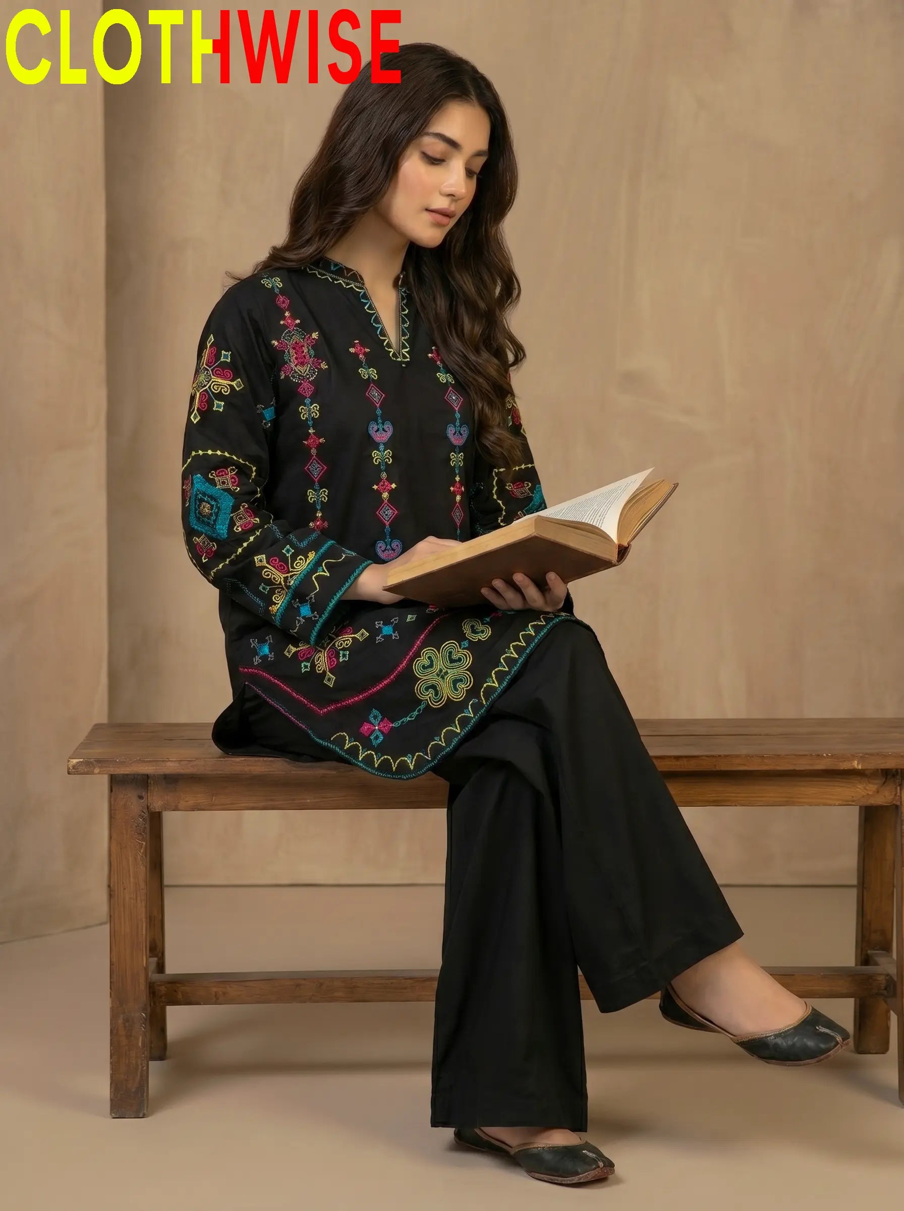 Taana Baana Black Embroidered Cotton Suit – Sitting View