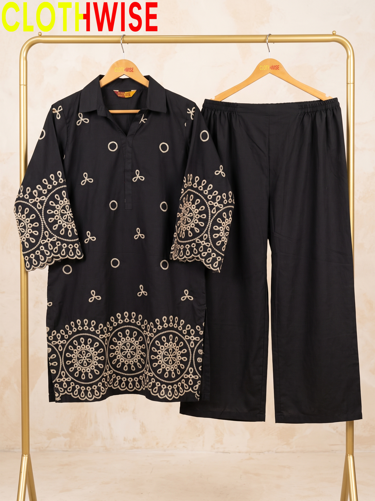 Deluxe – 2 Piece Embroidered Co-ord Set for Women | Collared Kurti with Scalloped Cutwork & Flapper