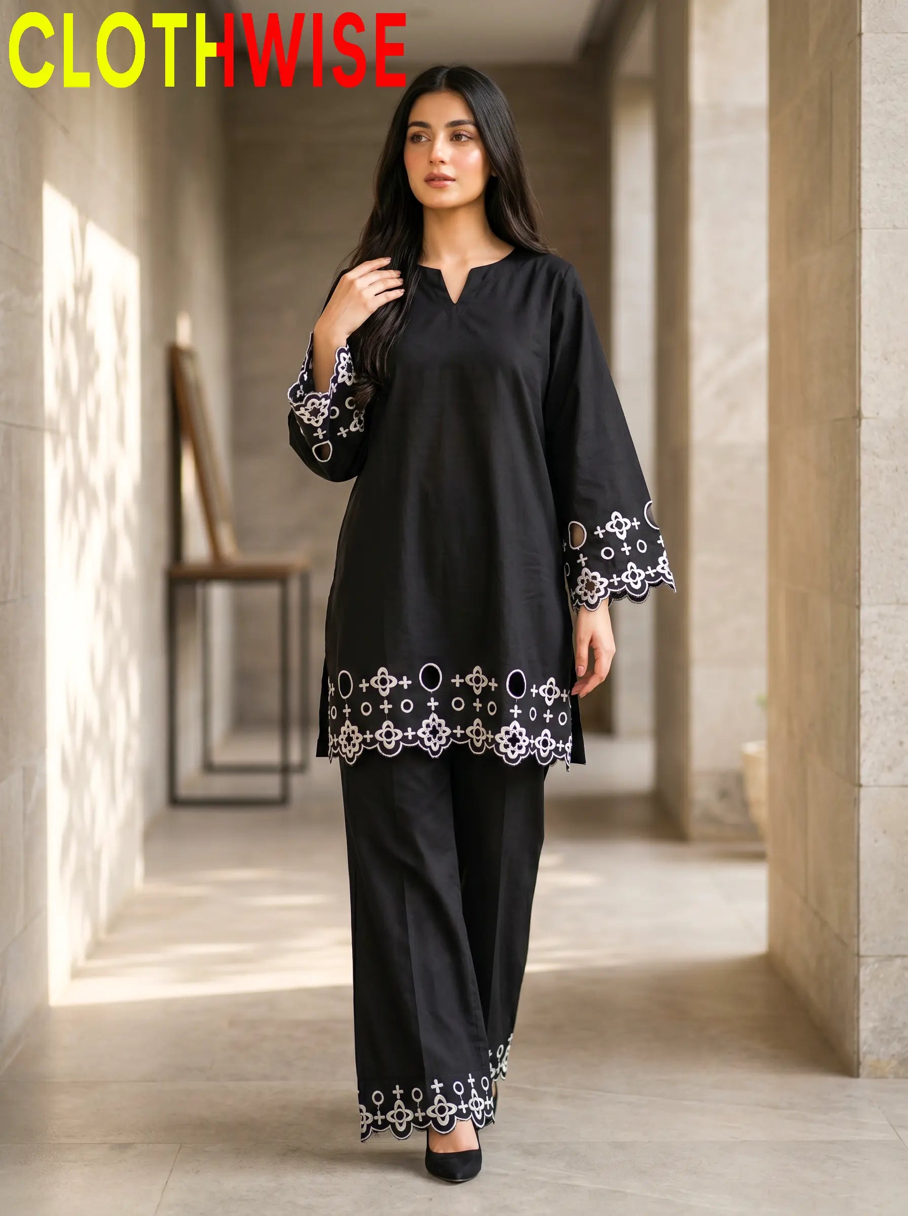 SAYA | Black Cutwork Co-Ord Set | 2-Piece Stitched Cotton Suit - Pakistani Women Pret | CLOTHWISE