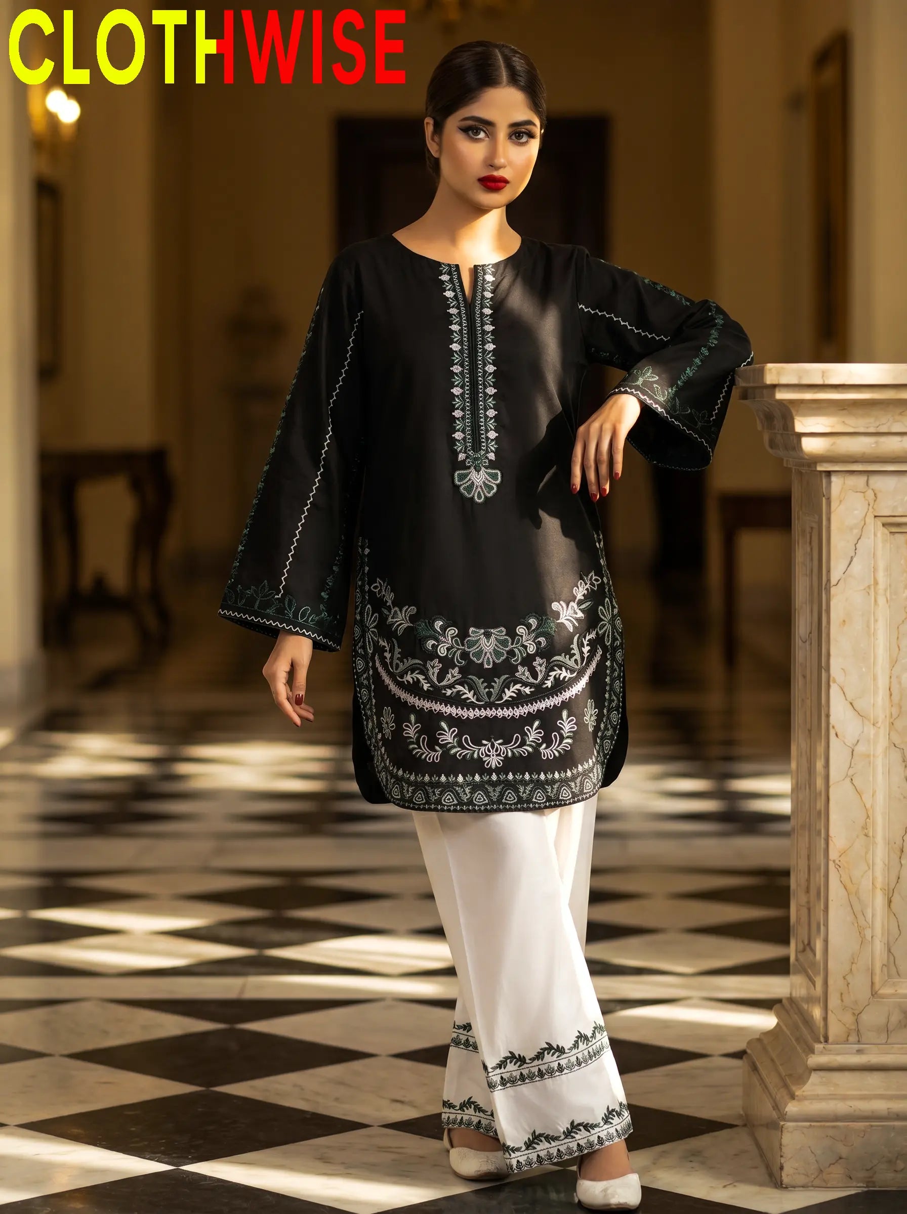 Naqsh Black 2-Piece Stitched Cotton Suit Standing - Clothwise