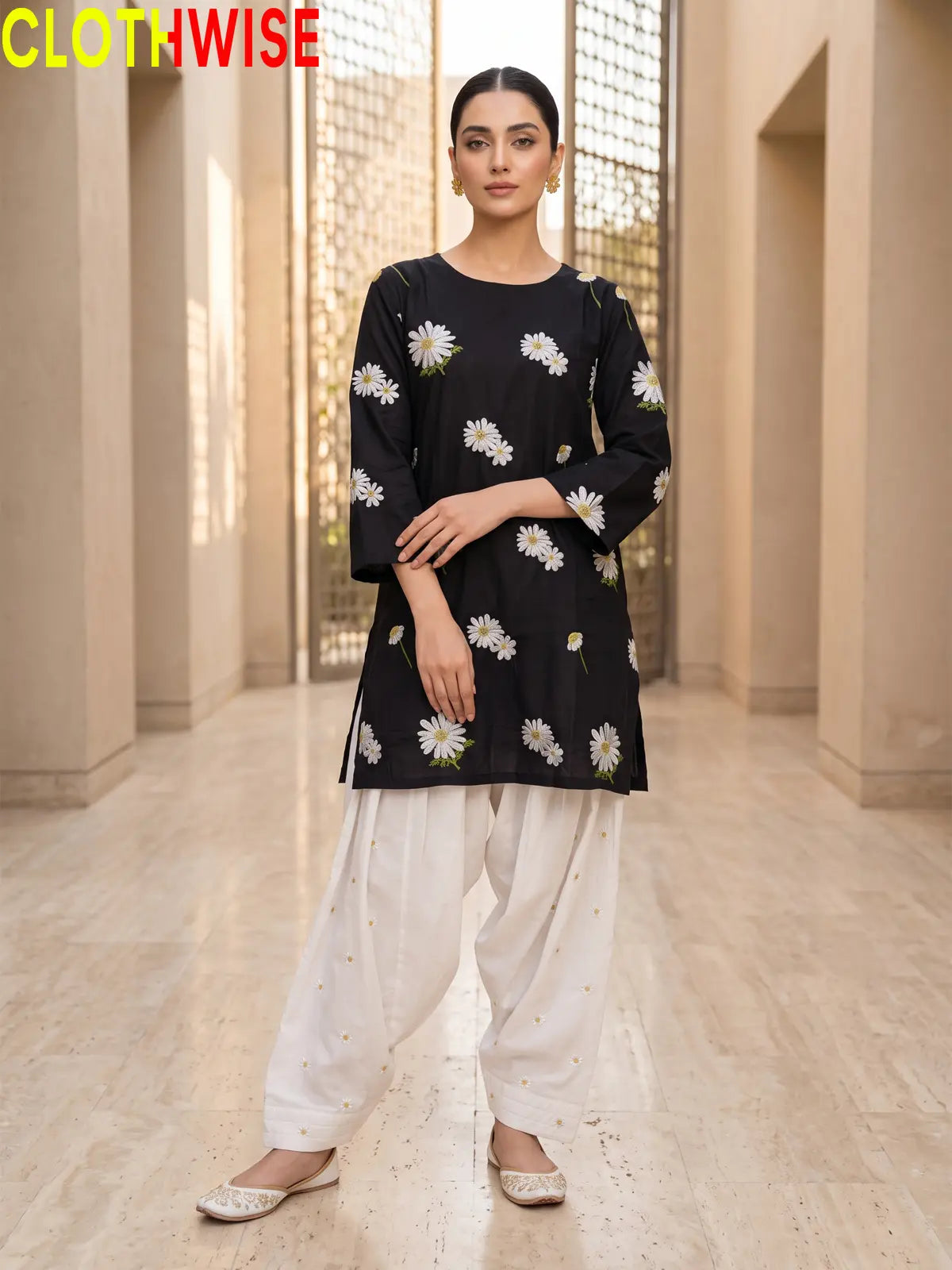 Daisy Black embroidered cotton suit - standing view - CLOTHWISE