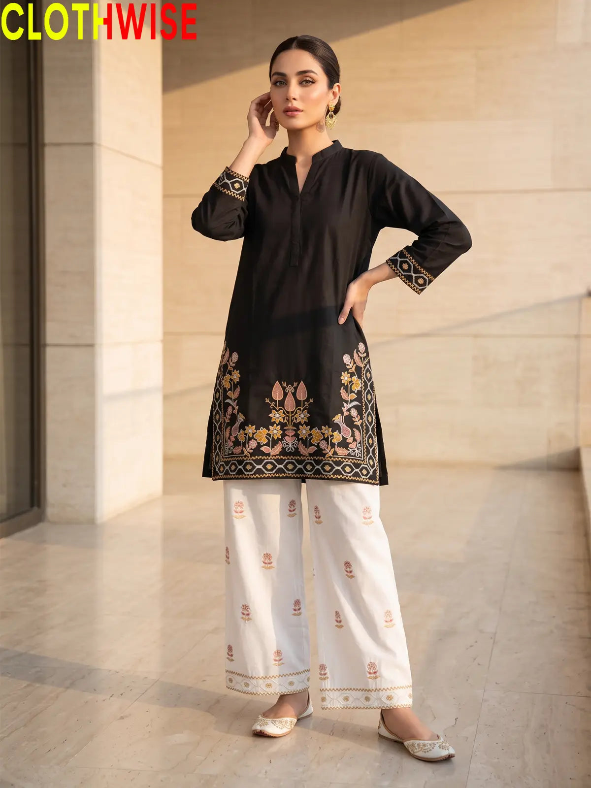 Shajar Black embroidered cotton suit front standing view
