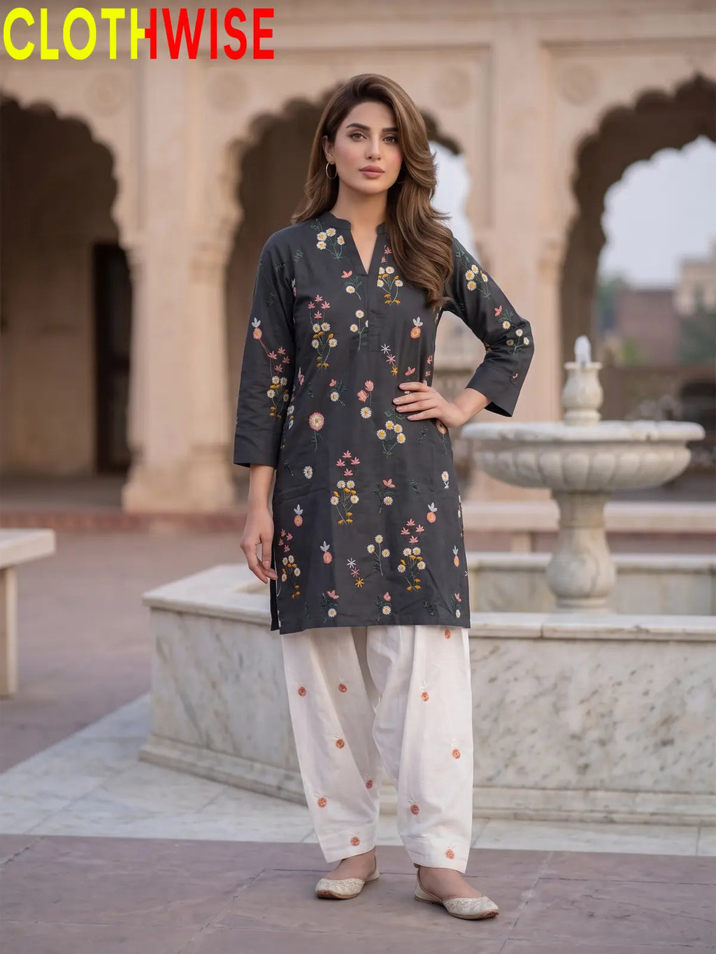 Nargiz embroidered 2-piece cotton suit in Black - standing view