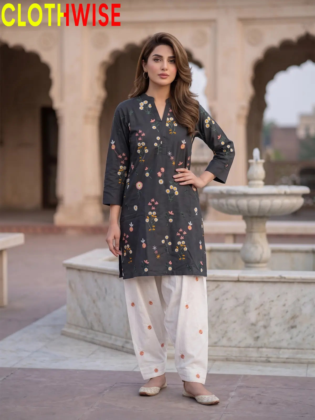 Nargiz embroidered 2-piece cotton suit in Black - standing view