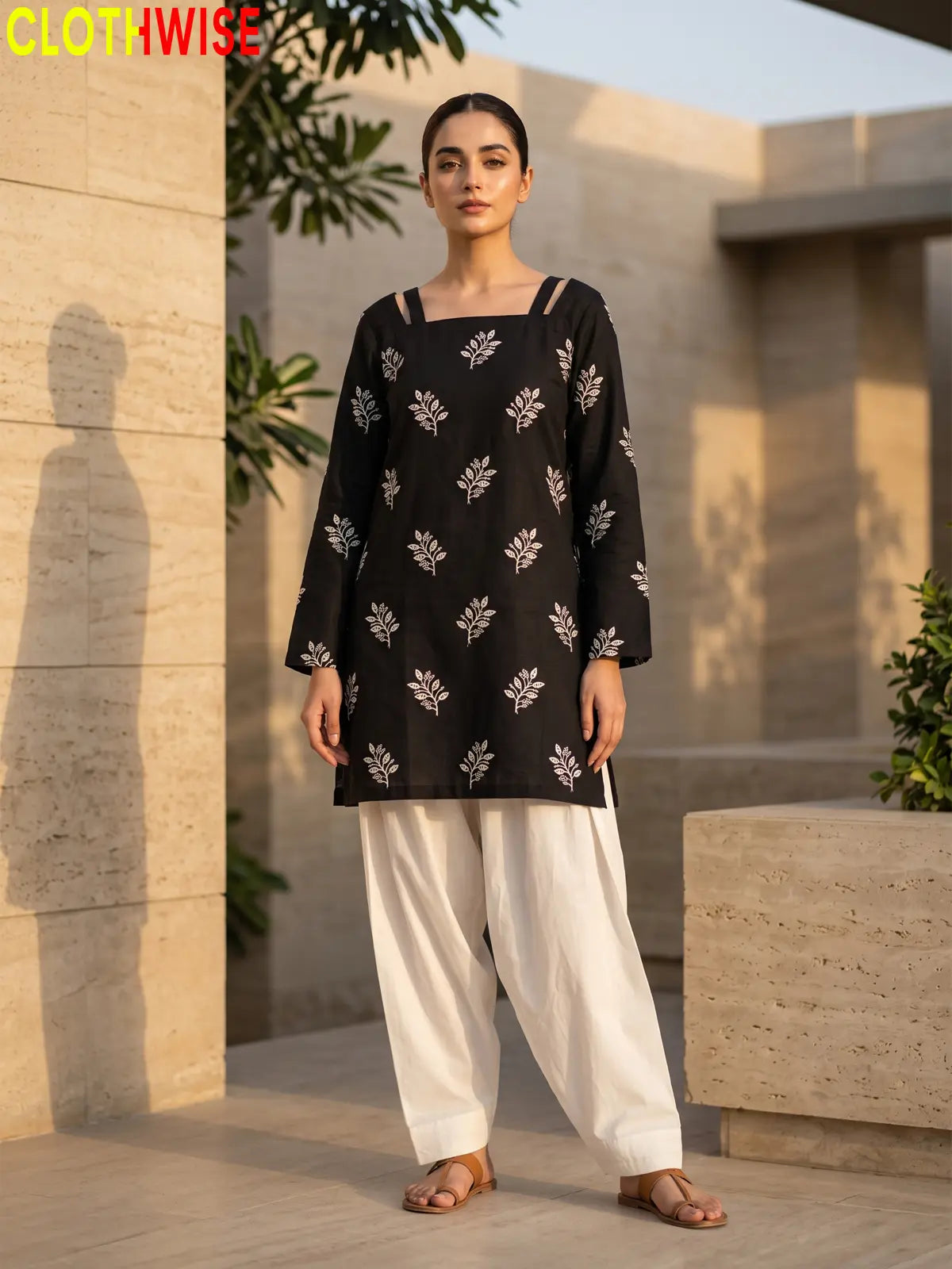 Hoor Black embroidered cotton suit standing view - CLOTHWISE