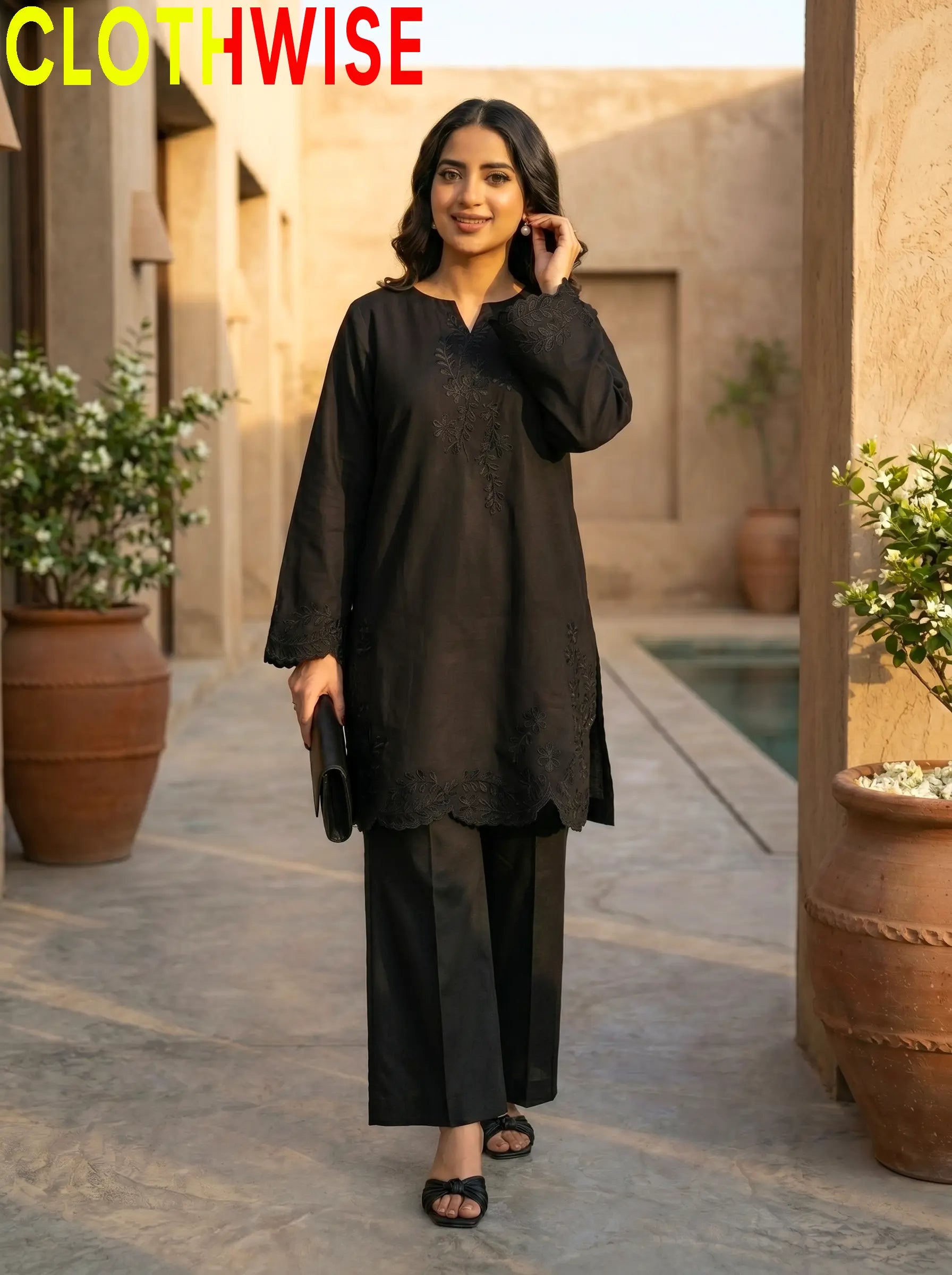 Gulkari Black Cotton 2-Piece Stitched Suit Standing View – Clothwise