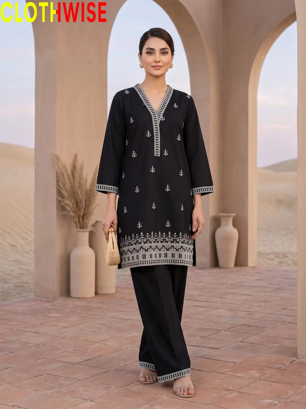 Black Cross Stitch embroidered cotton suit standing view – CLOTHWISE