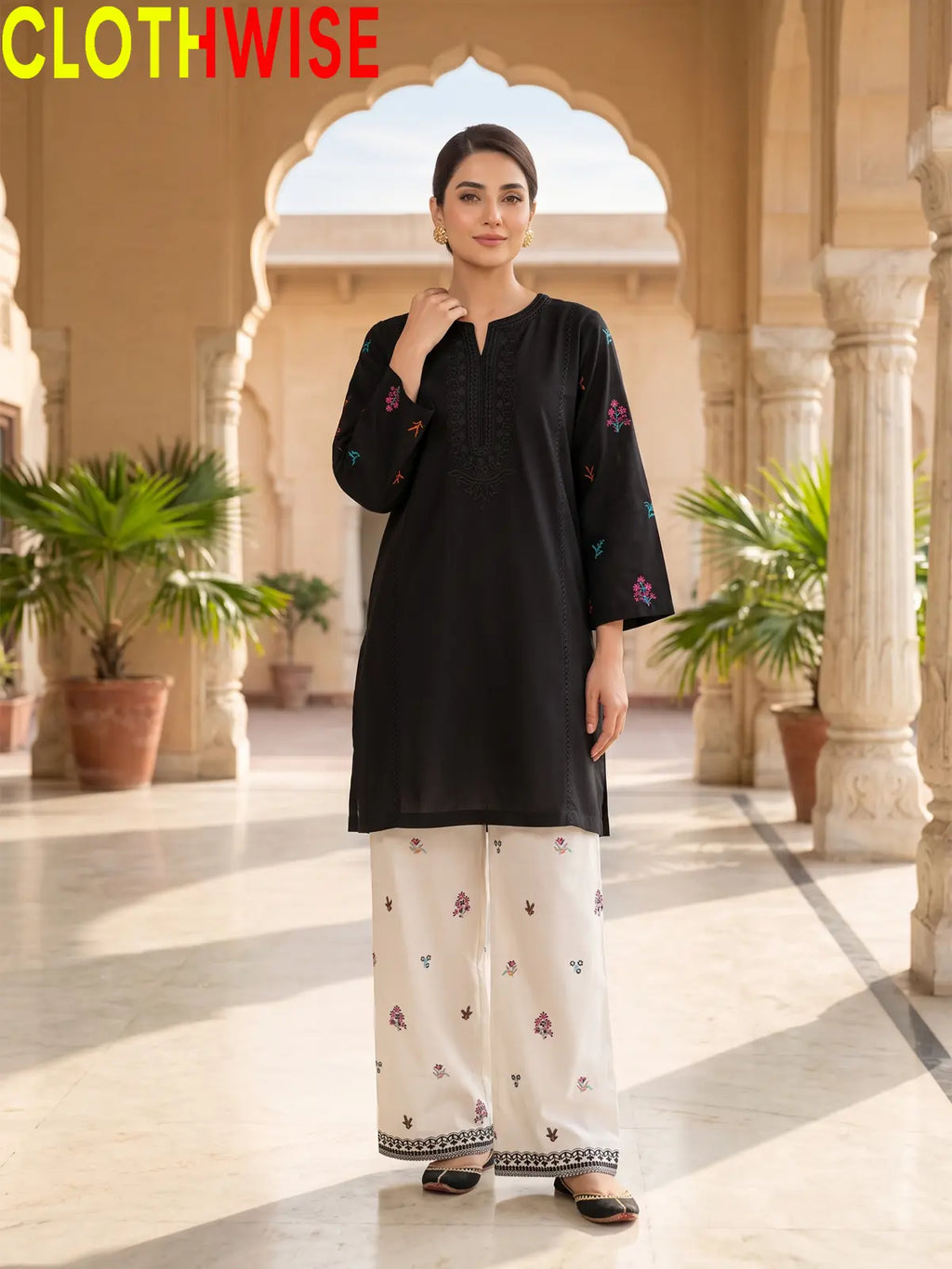 Anaya Black 2-piece embroidered cotton suit - standing view