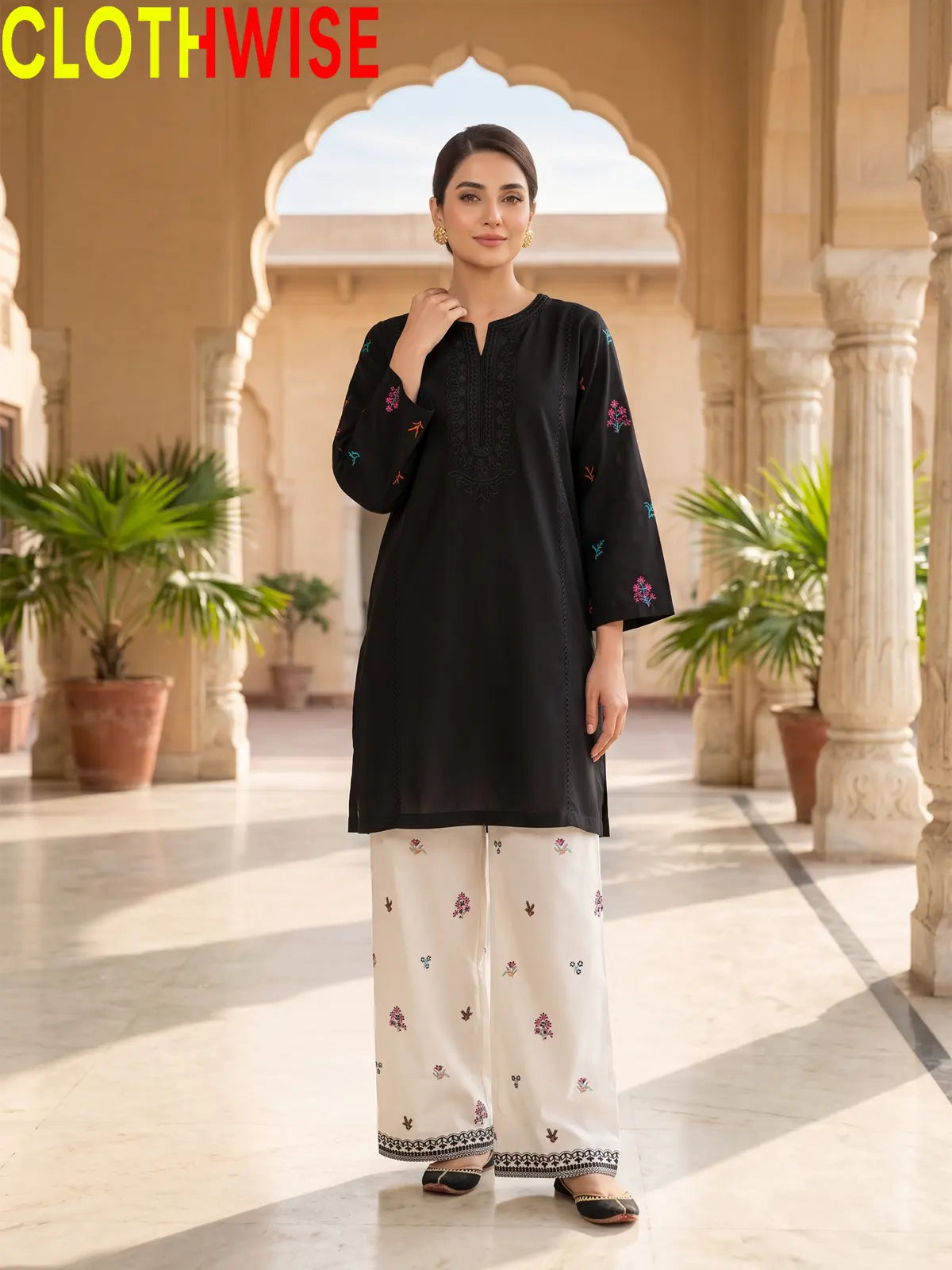 Anaya Black 2-piece embroidered cotton suit - standing view