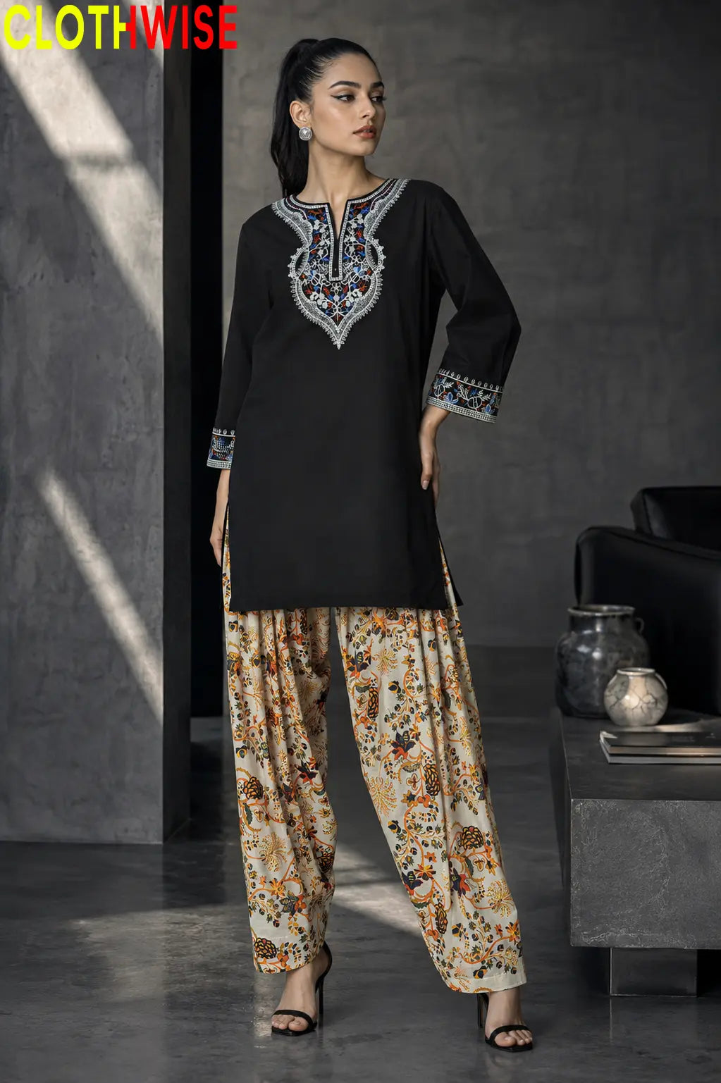 Ishq Black Embroidered Cotton Suit – Standing View