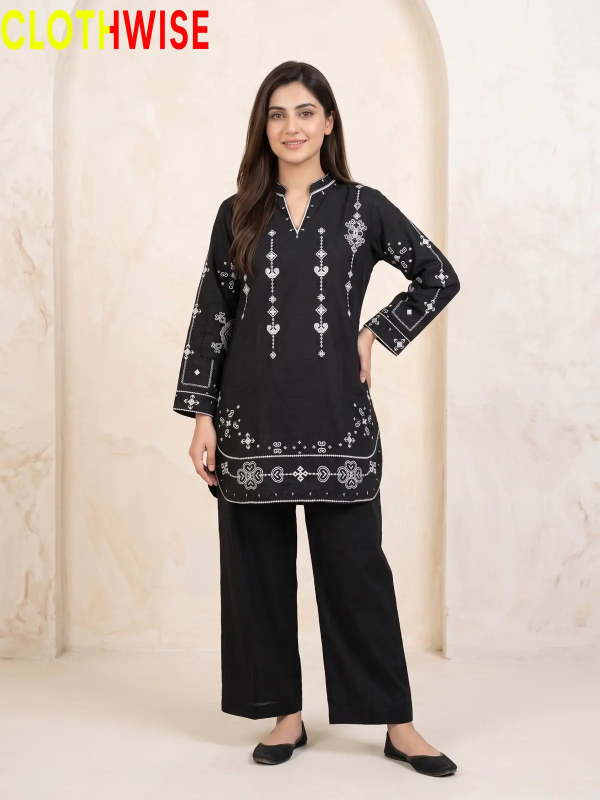 Taana Baana Black 2-Pc Embroidered Cotton Suit – Standing View