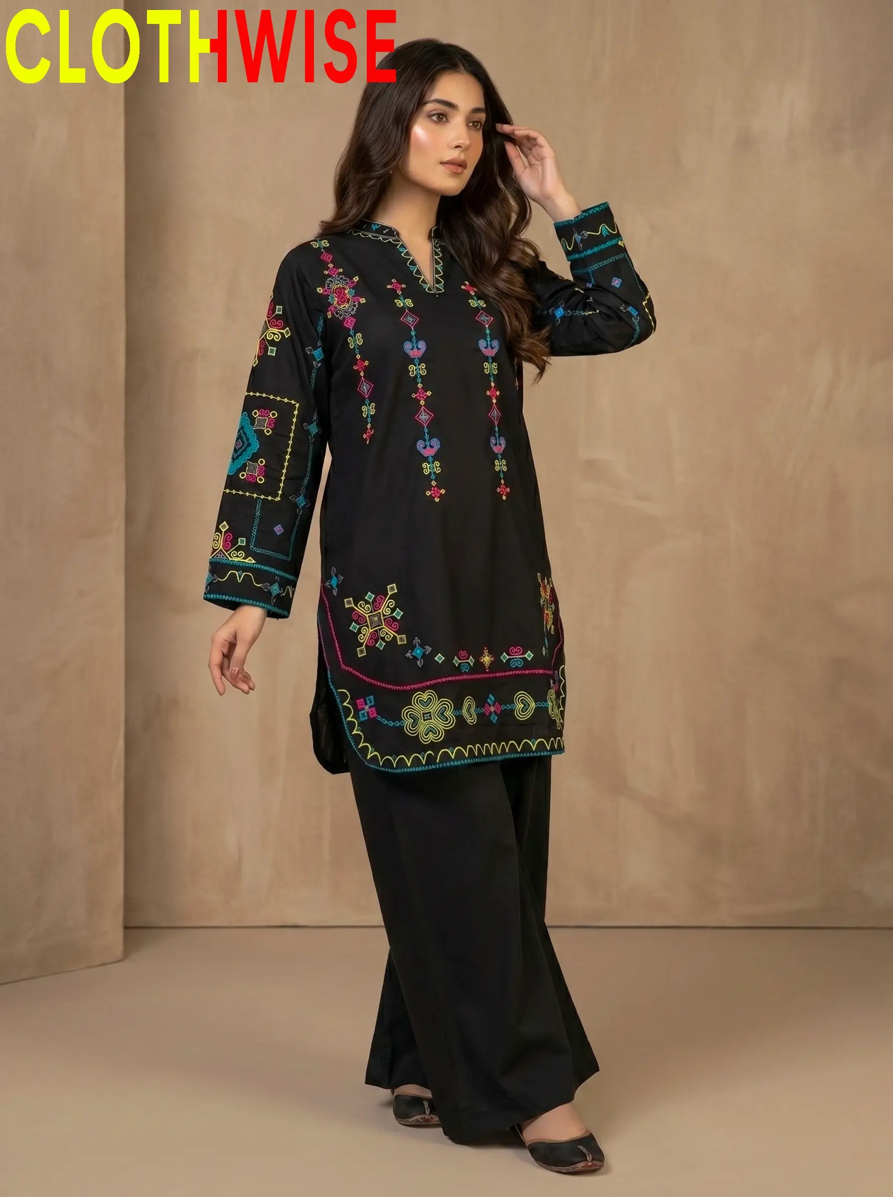 Taana Baana Black Embroidered 2-Piece Cotton Co-ord Set – Standing View