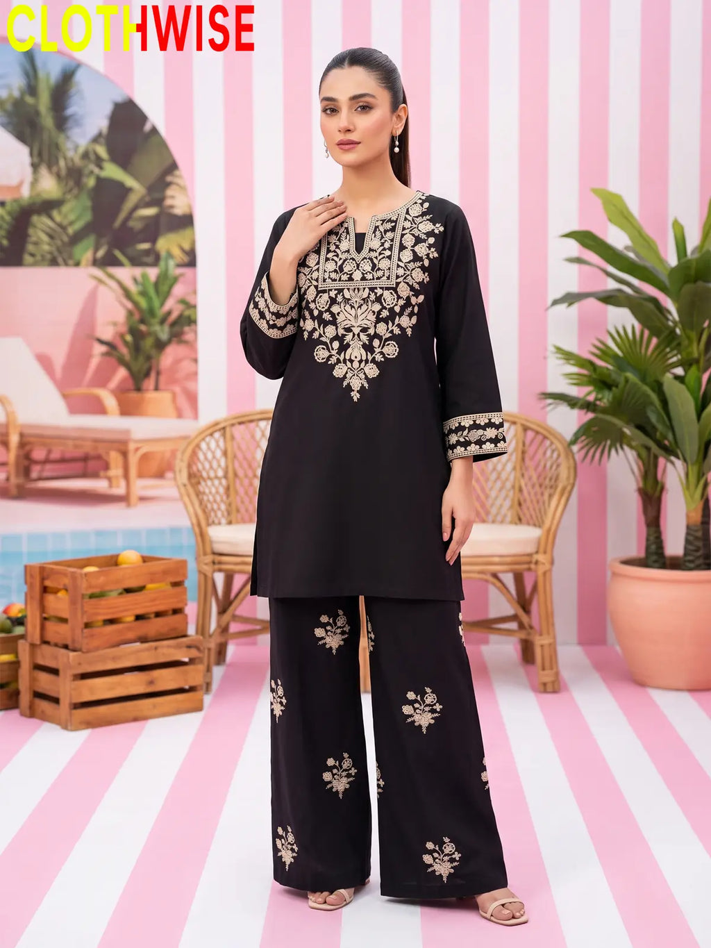 Ebony – Embroidered Cotton Kurta with Embroidered Wide-Leg Palazzo | 2Pc Suit