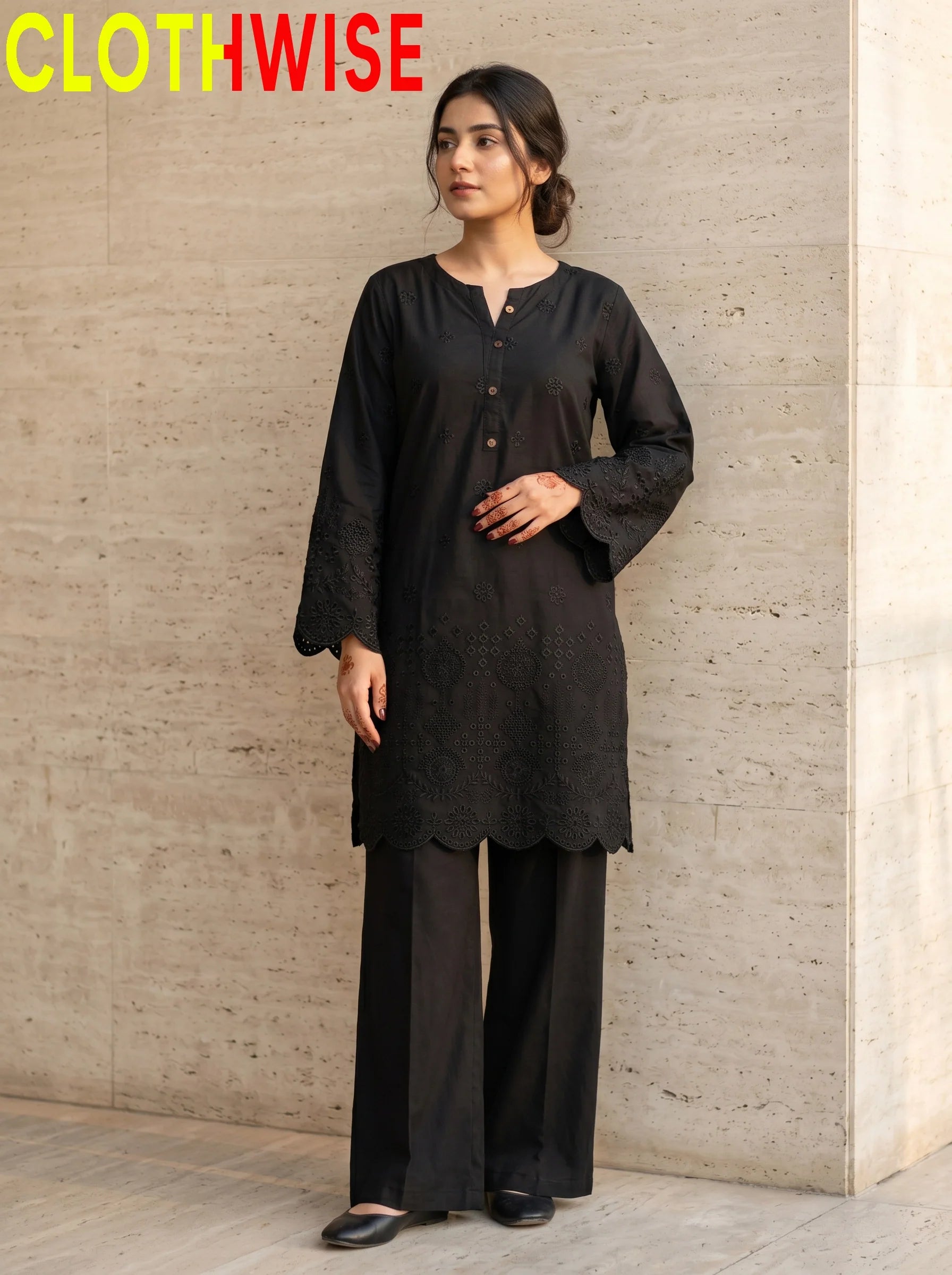 Midnight Chikankari 2-piece embroidered cotton suit Black – standing front view | Clothwise