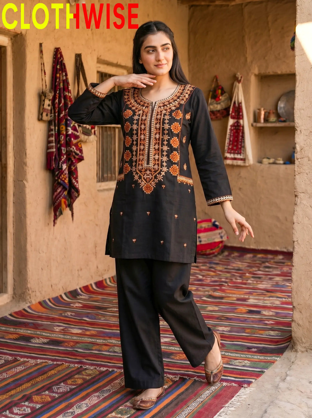 Dasht Black 2-Piece Embroidered Cotton Suit Standing View – Clothwise