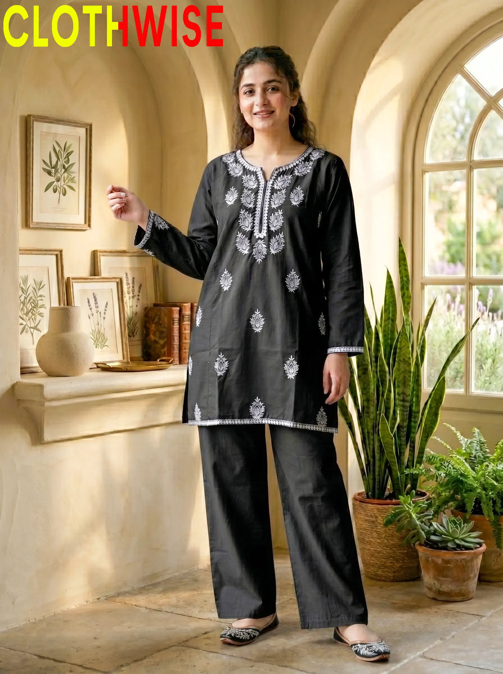 Loom Black 2-Piece Embroidered Cotton Suit - Front Standing View | Clothwise