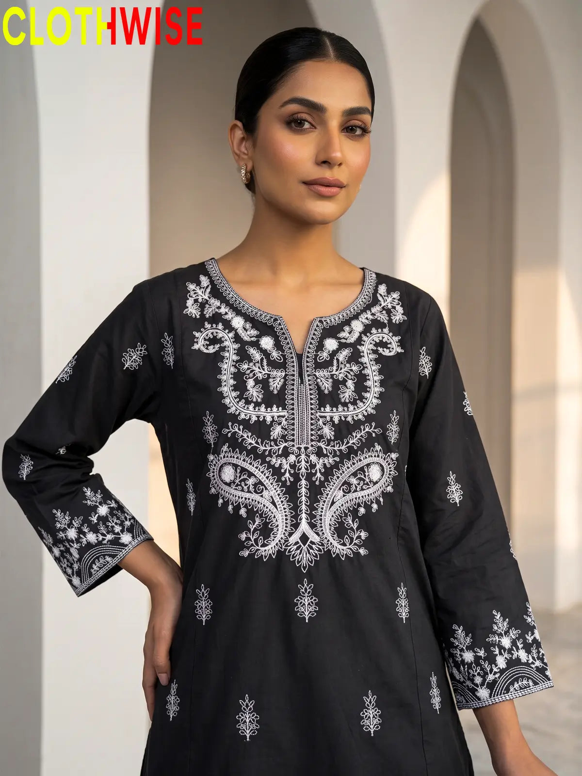 Mushq Black cotton suit embroidery closeup