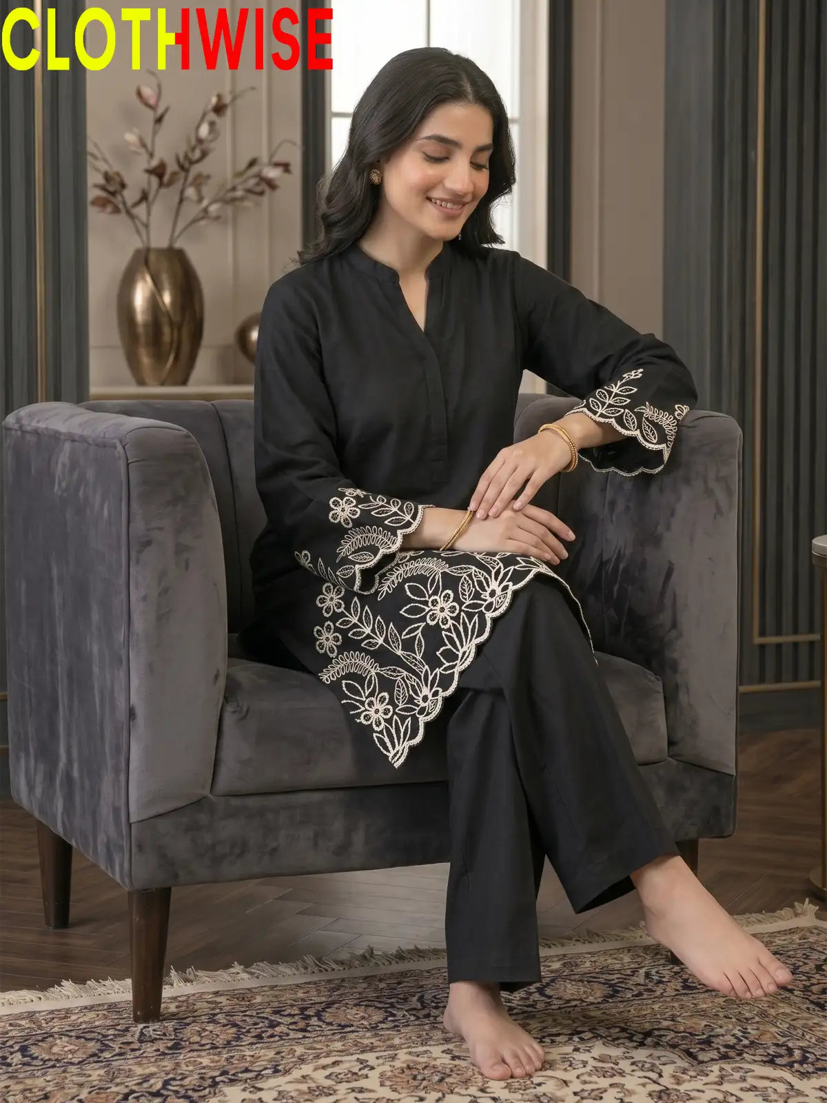 Flora Reign Black - 2 Pc White Embroidered Cotton Co-ord Suit