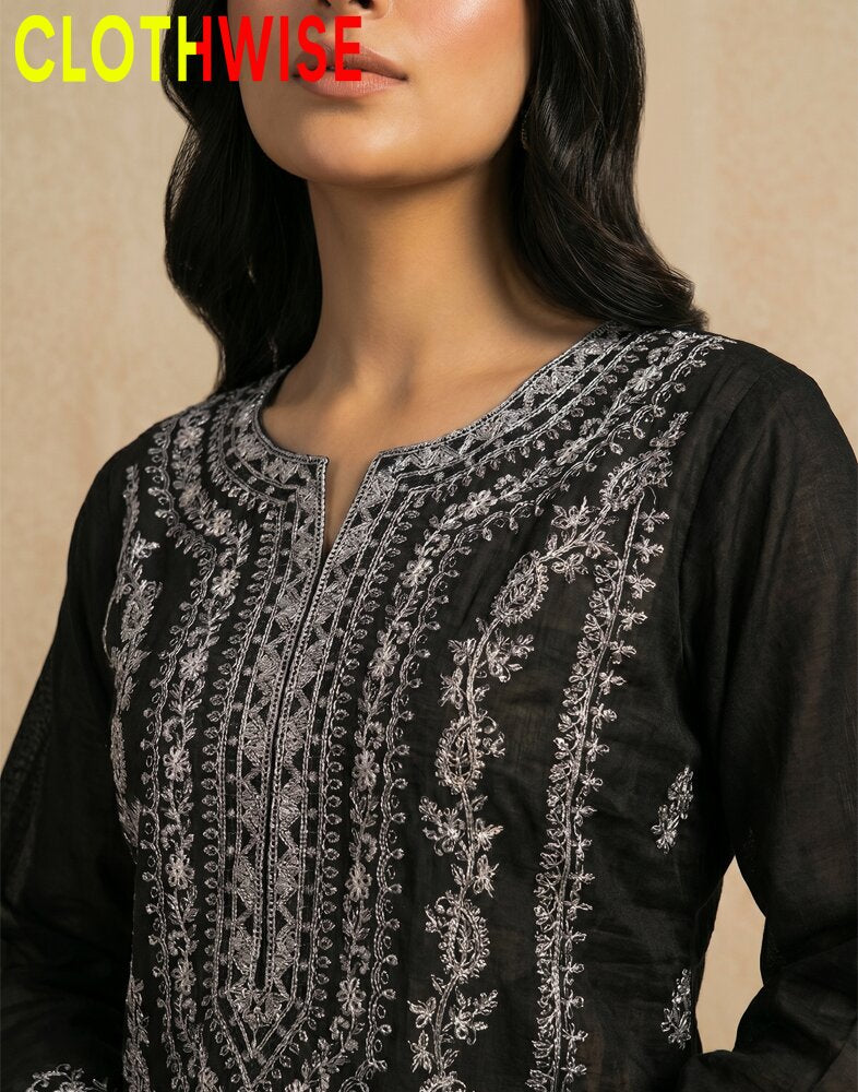 Black kurta with intricate white embroidery on a beige background, featuring the brand 'ClothWise'.