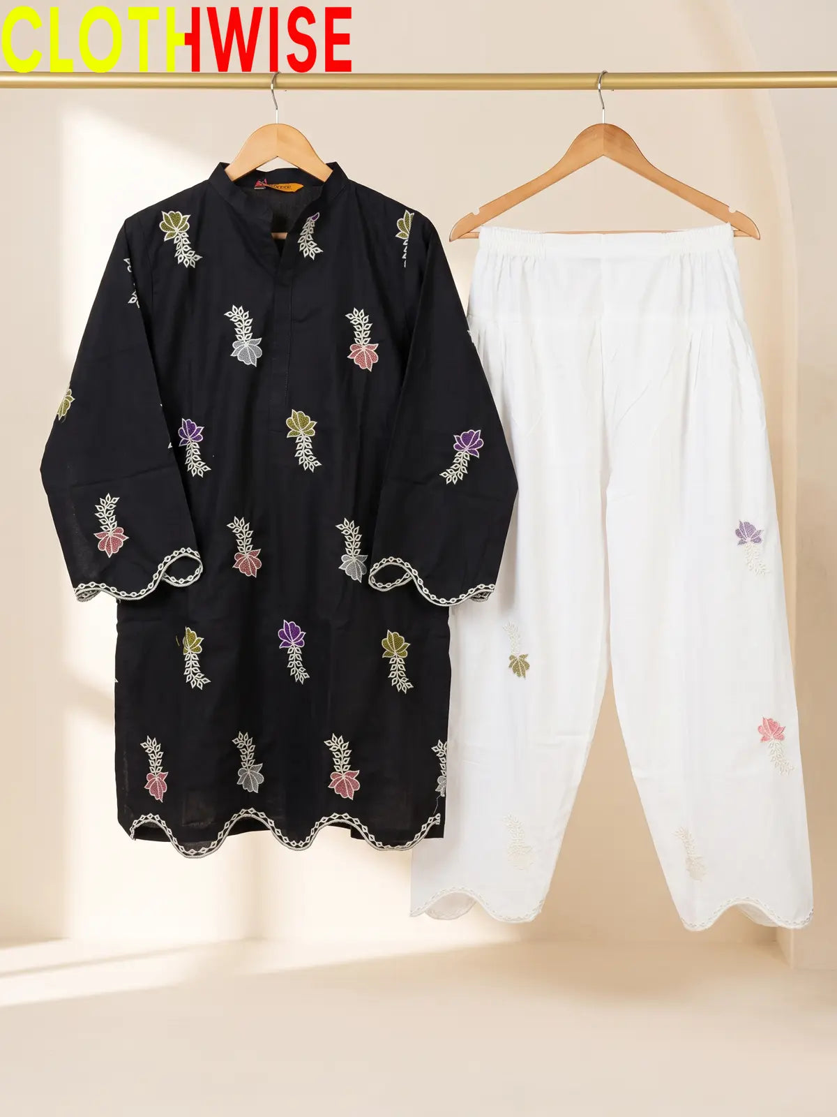 Khushi - Embroidered Cotton Kurti with Scalloped Hem & Shalwar