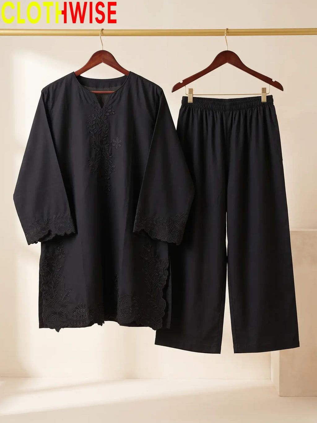 Embroidered Cotton Kurti with Wide Leg Flapper | Scalloped Hem Co-ord Set