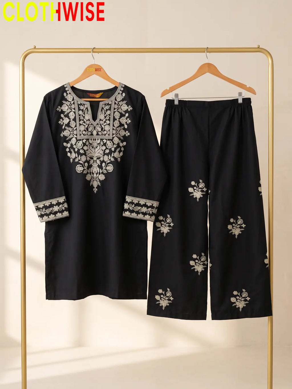 Ebony – Embroidered Cotton Kurta with Embroidered Wide-Leg Palazzo | 2Pc Suit