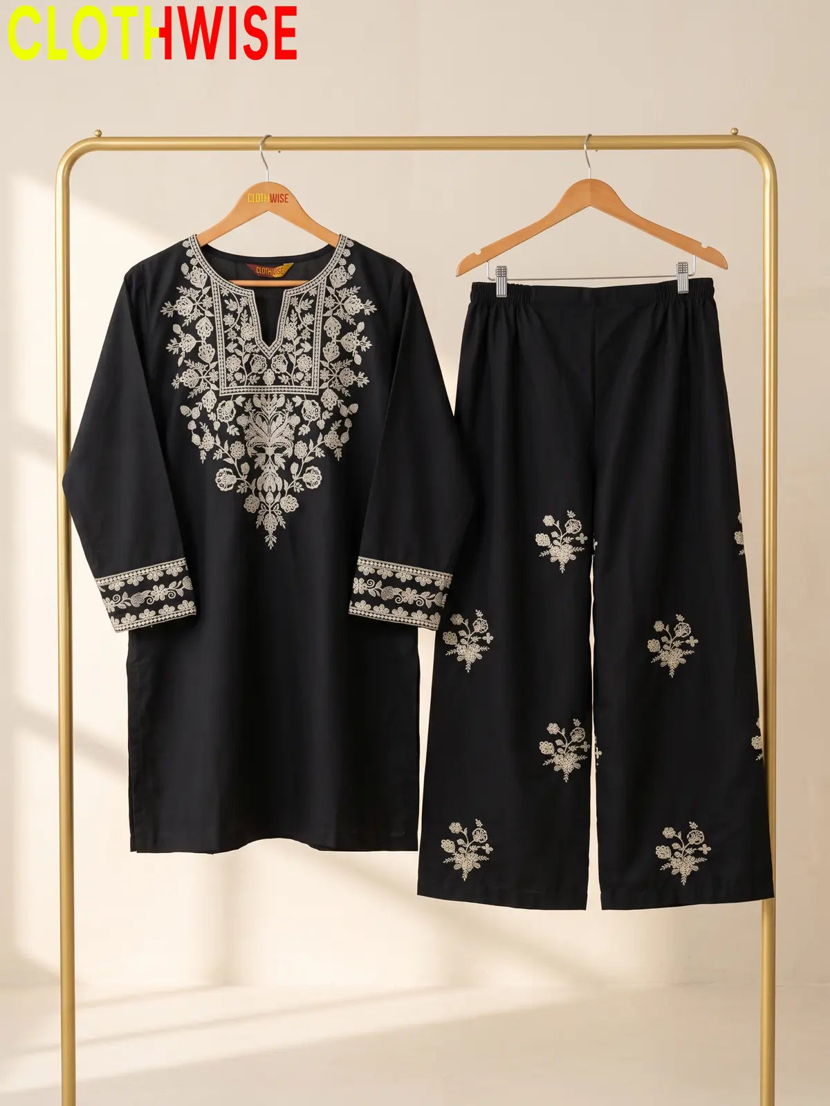 Ebony – Embroidered Cotton Kurta with Embroidered Wide-Leg Palazzo | 2Pc Suit