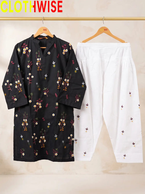 Nargiz - Embroidered Daisy Floral Cotton Kurta with Palazzo | 2-Piece Suit
