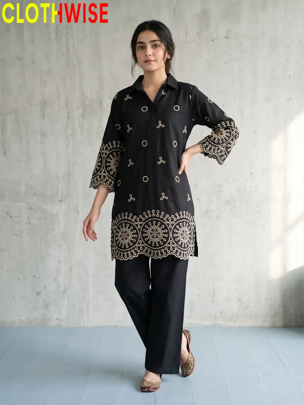 Deluxe – 2 Piece Embroidered Co-ord Set for Women | Collared Kurti with Scalloped Cutwork & Flapper