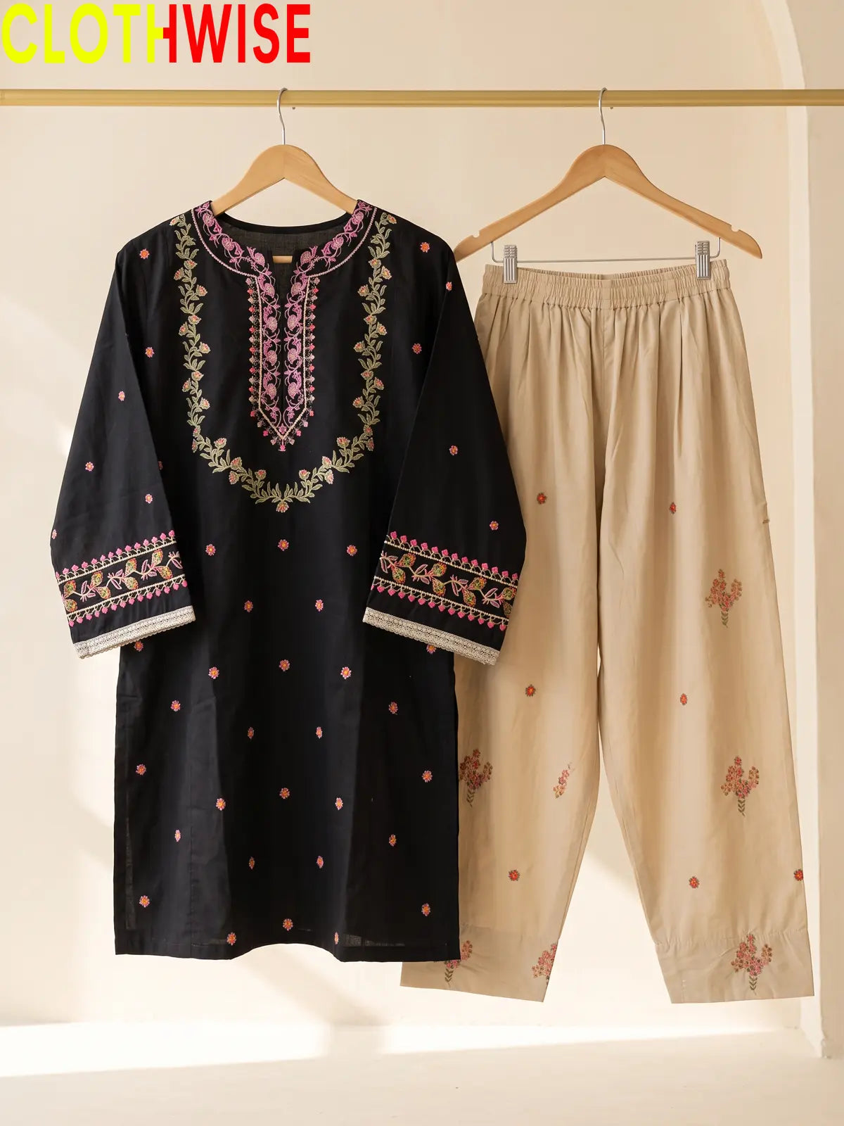 Noor – Embroidered Cotton Kurta with Floral Farshi Shalwar | 2Pc Stitched Suit