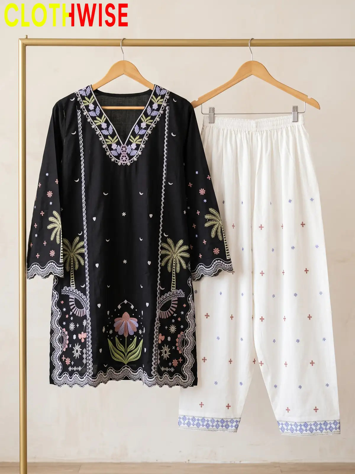 Rukhsar Floral Embroidered V-Neck Kurti with Shalwar | Clothwise
