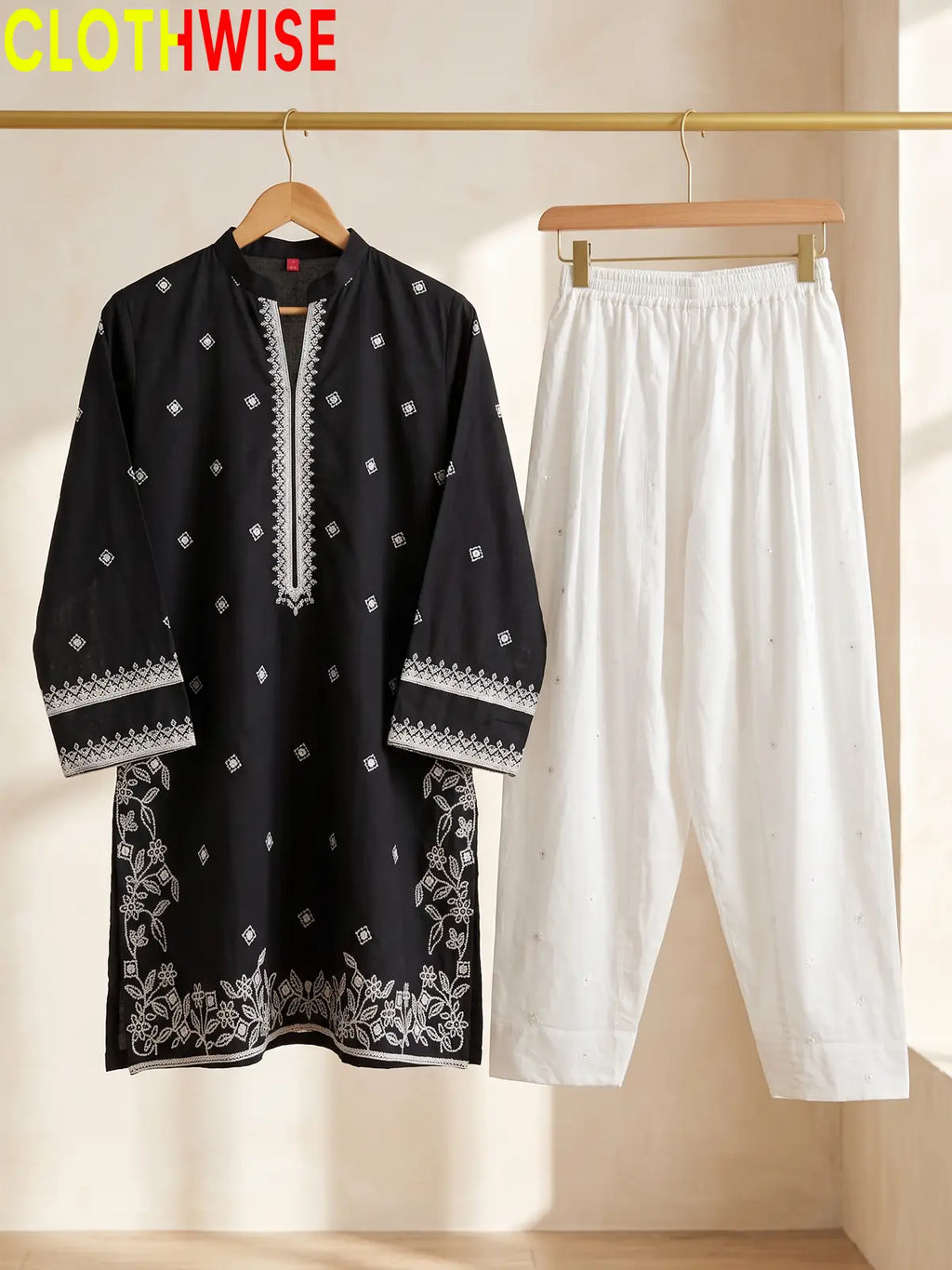 Lazawal – 2 Pcs Cotton Sequin Embroidered Kurti with White Farshi Shalwar