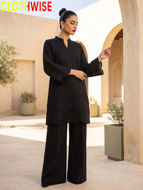 CottonCut Schiffli Embroidered Cotton 2-Piece Suit | Eyelet Kurta with Flapper