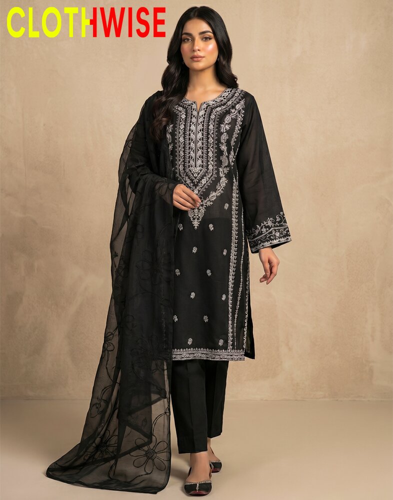 Woman wearing a black embroidered outfit with a sheer dupatta against a beige background, branded 'ClothWise'.
