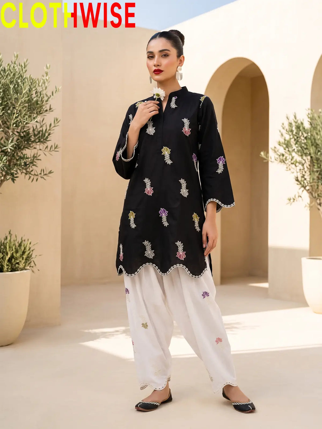 Khushi - Embroidered Cotton Kurti with Scalloped Hem & Shalwar
