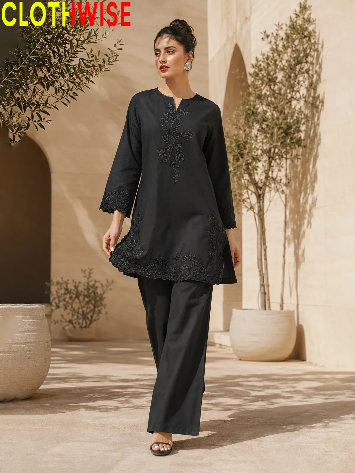 Embroidered Cotton Kurti with Wide Leg Flapper | Scalloped Hem Co-ord Set