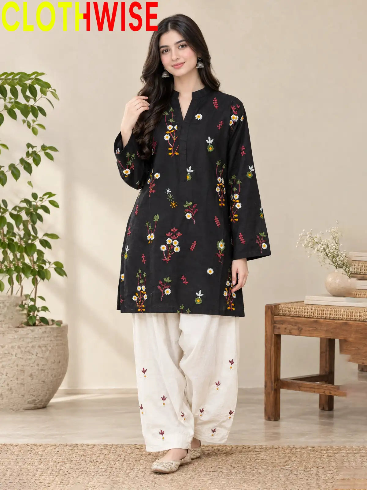 Nargiz - Embroidered Daisy Floral Cotton Kurta with Palazzo | 2-Piece Suit