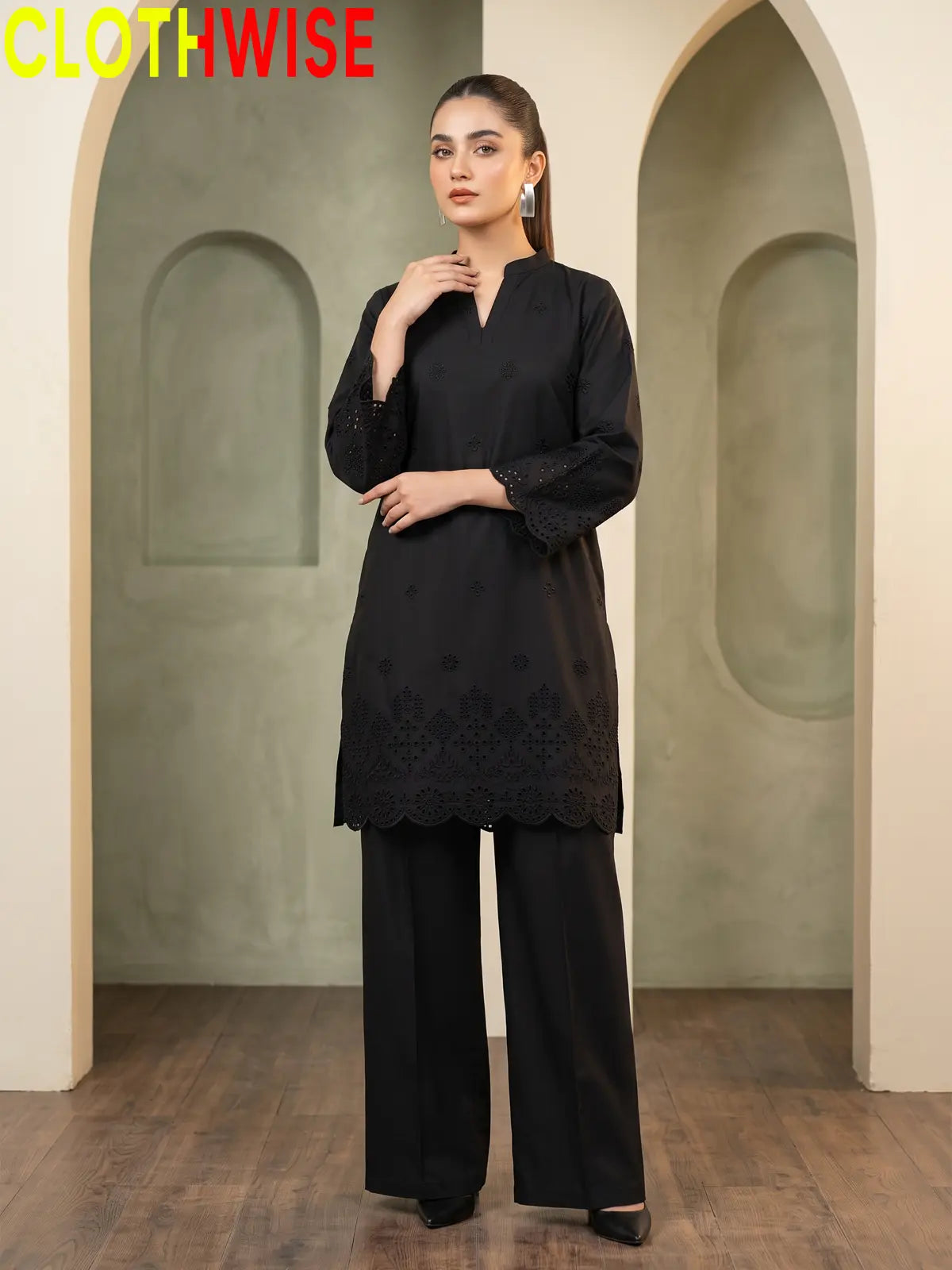 Hijr ChikanKari Eyelet Embroidered Scallop Hem 2 Piece Cotton Suit