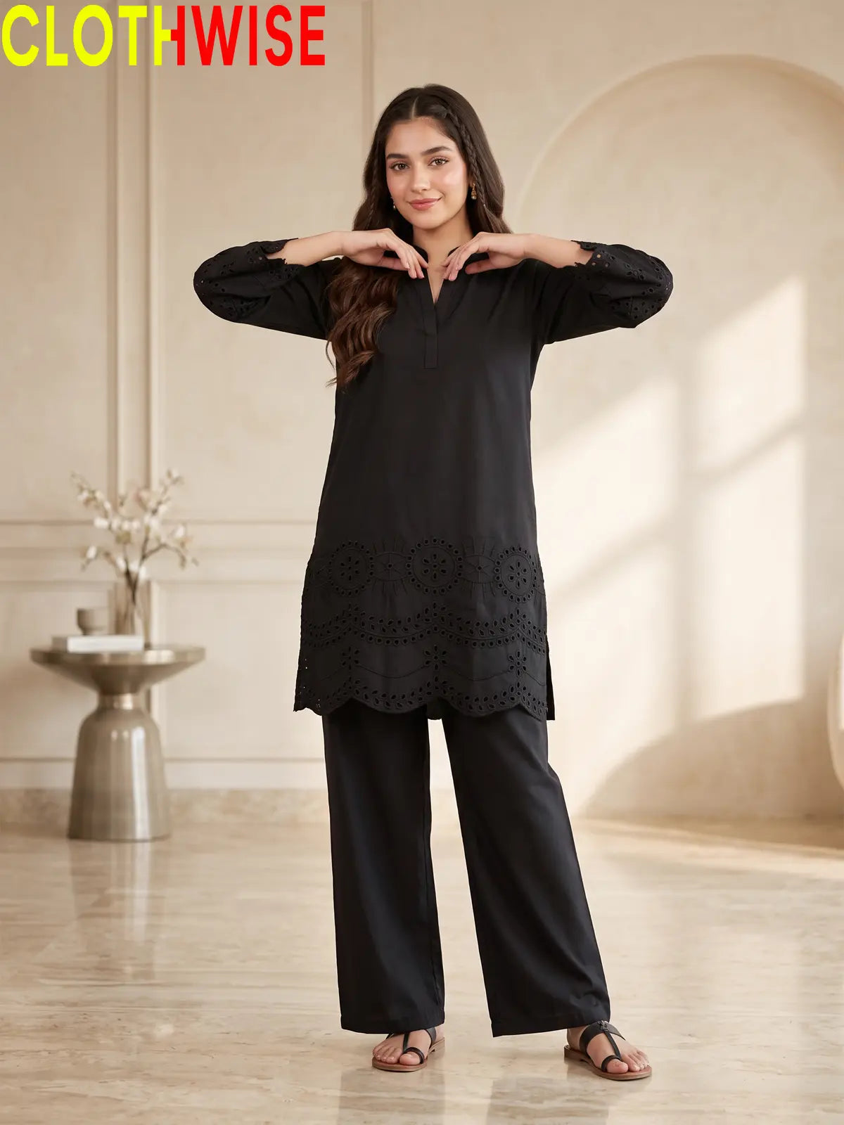 CottonCut Schiffli Embroidered Cotton 2-Piece Suit | Eyelet Kurta with Flapper