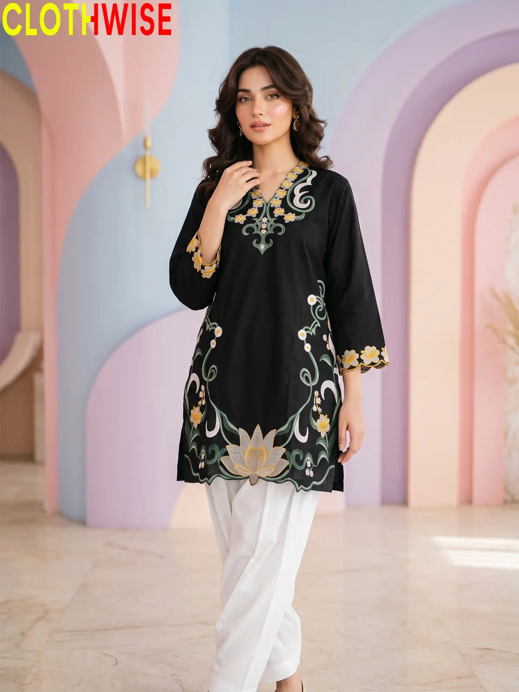 Lotus Embroidered 2 Piece Suit | Cut-Work Kurti with Shalwar for Women