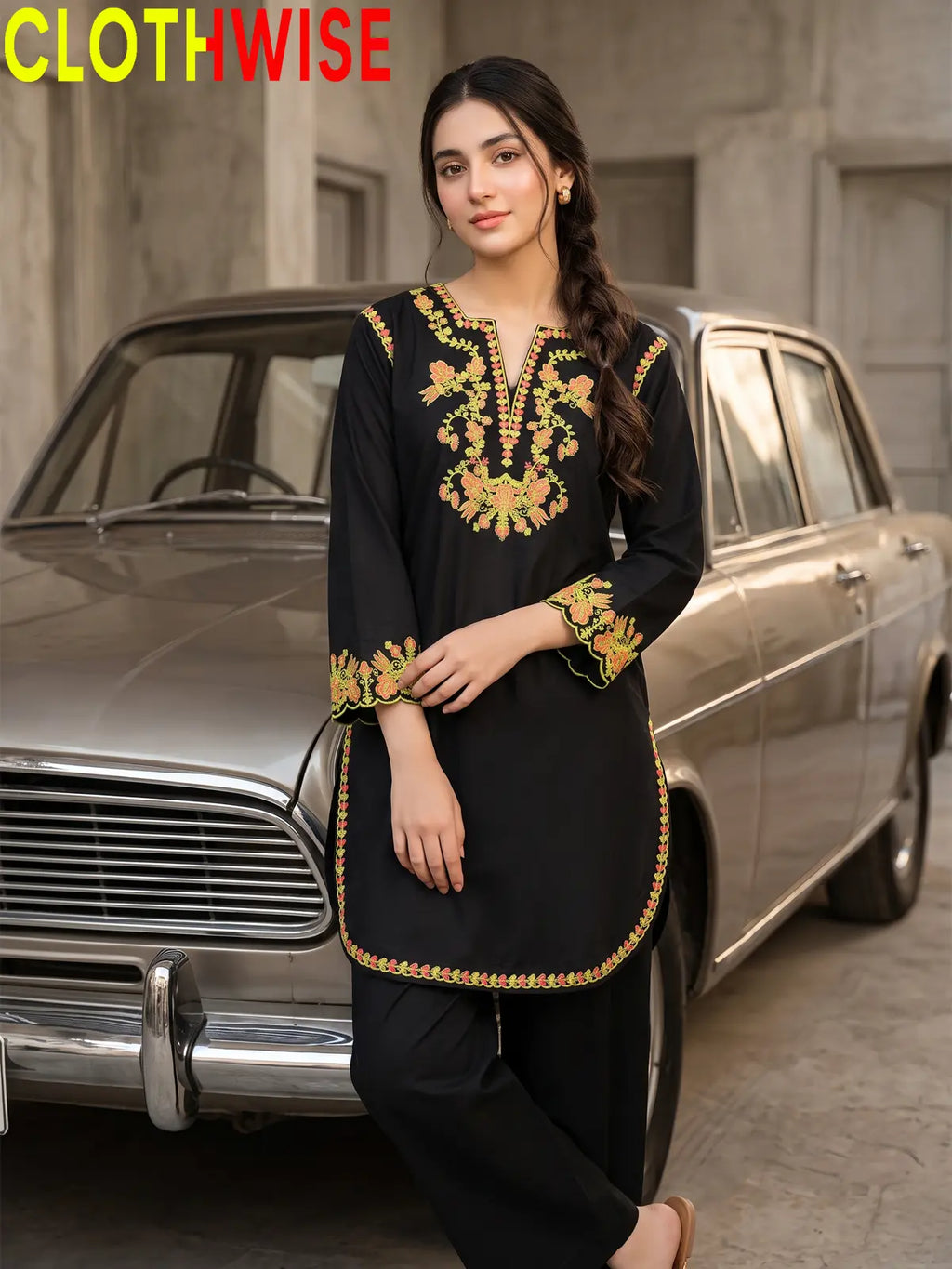 Banafsha 2 Piece Embroidered Co-ord Set | Women's Stitched Cotton Kurta & Flapper