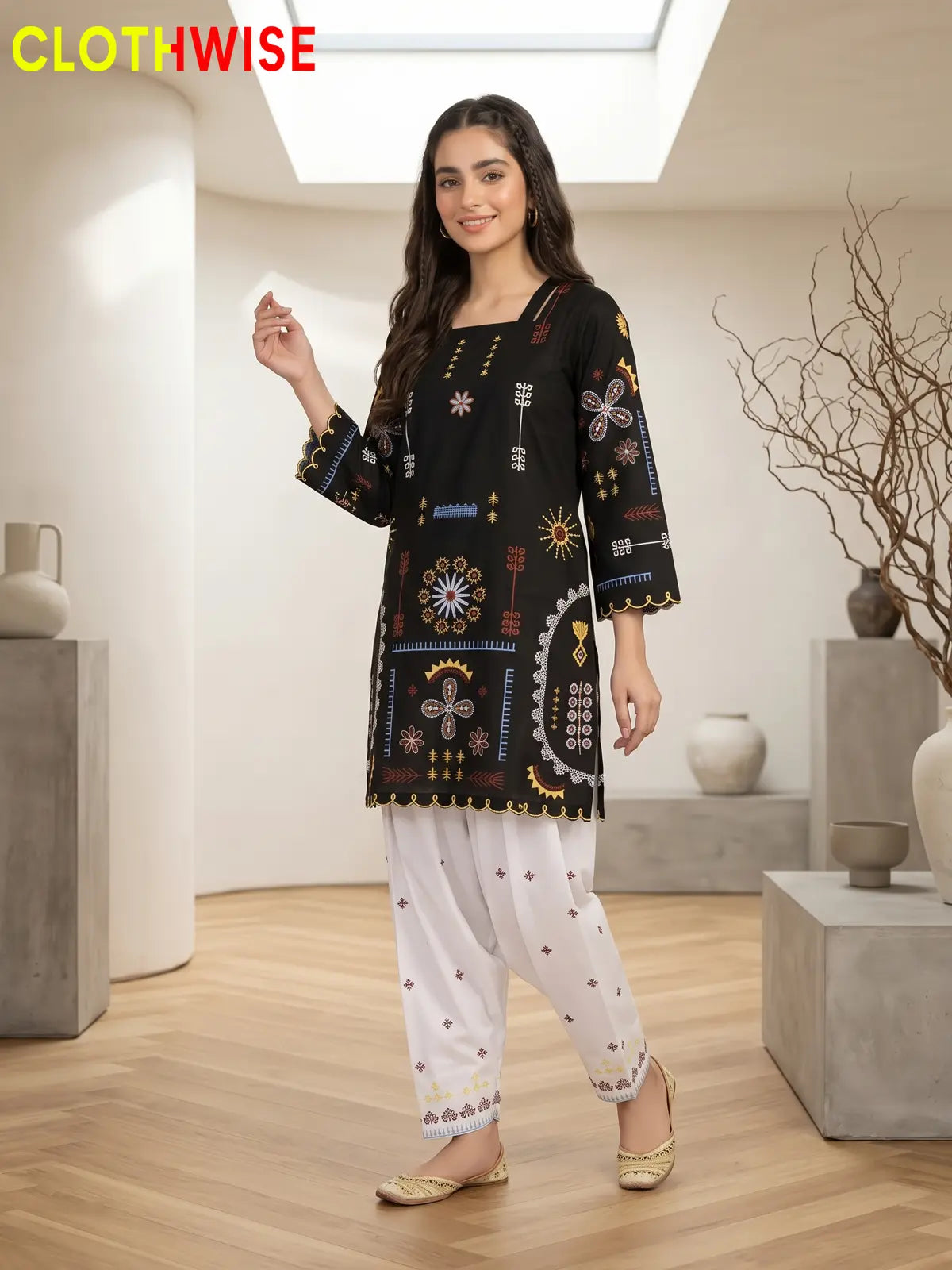 Tehzeeb | Embroidered 2-Piece Kurta Shalwar Set | Square Neck, Scalloped Hem