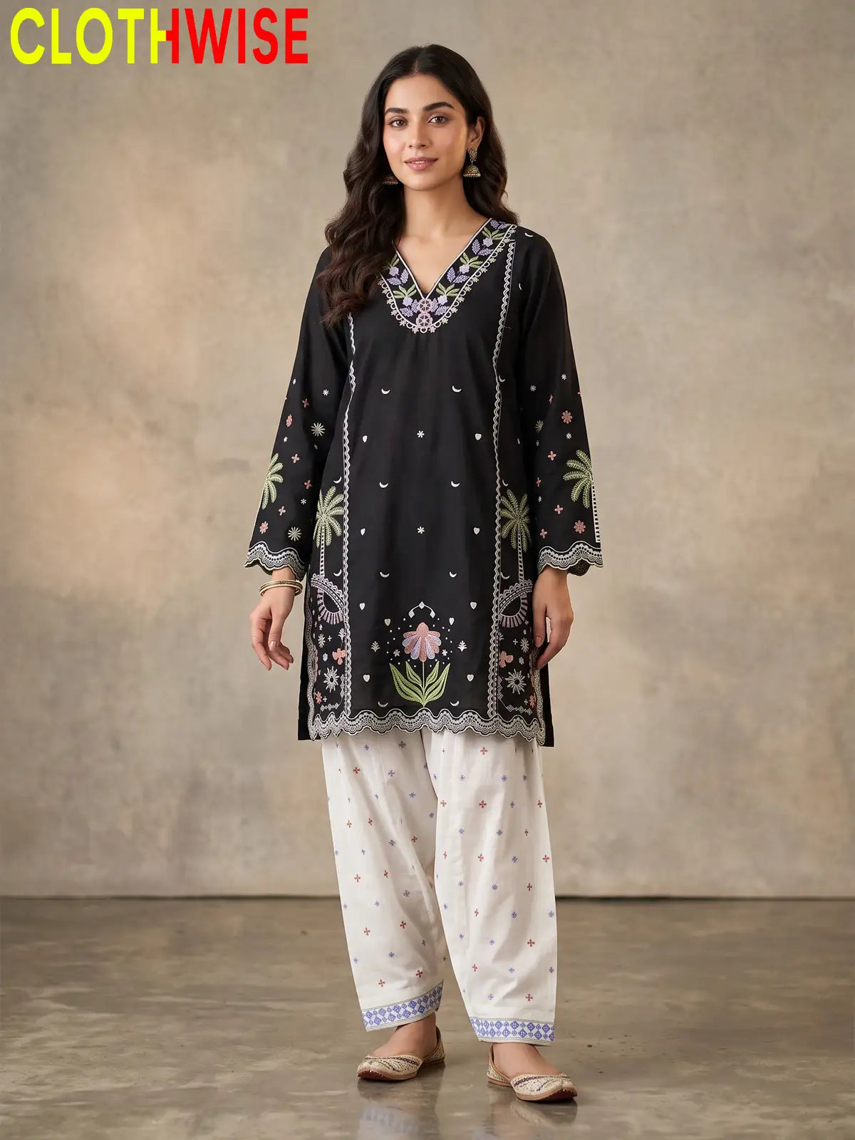 Rukhsar Floral Embroidered V-Neck Kurti with Shalwar | Clothwise