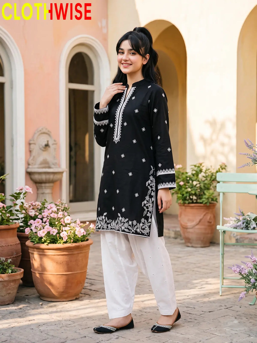 Lazawal – 2 Pcs Cotton Sequin Embroidered Kurti with White Farshi Shalwar