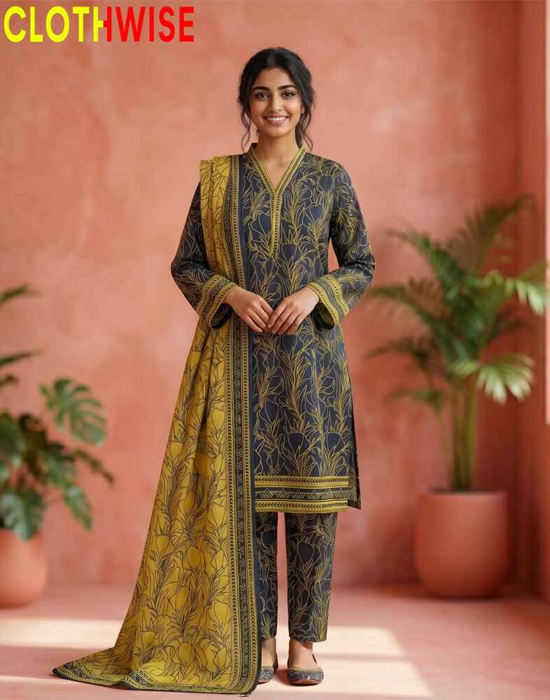 Woman wearing a traditional outfit with gold and blue patterns in a decorated indoor setting.